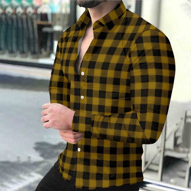 Timdgard Button down Shirts for Men Fall Plaid Lapel V Neck Long Sleeve Shirts Work Casual Tops