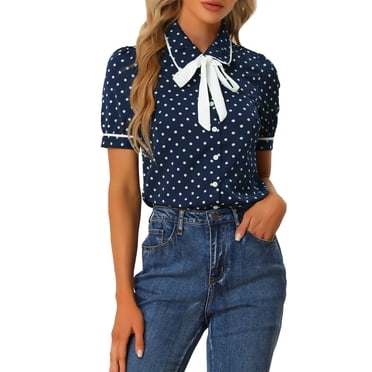 INSPIRE CHIC Blouse à Pois pour Femme Col Peter Pan Nœud au Cou Manches Bouffantes Chemise Vintage Haut S Bleu Foncé
