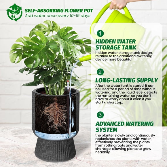 Self Watering Planters Set of 2 – 14.2" Tall Large Black Plant Pots with Drainage & Water Level Monitor – Modern Indoor/Outdoor Patio, Porch, Living Room, Office – CS-07PS Sandblasting
