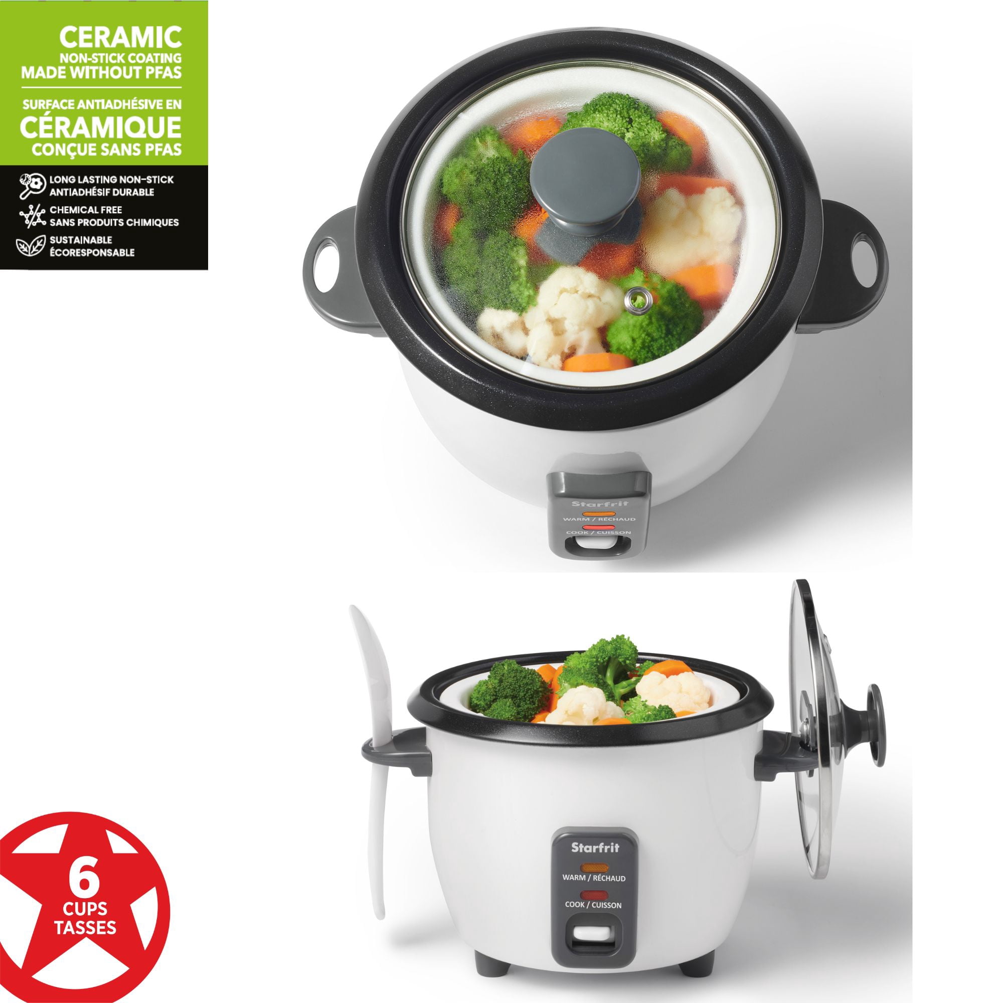 Starfrit Cuiseur à riz 6 tasses, Revêtement Céramique Antiadhésif sans PFAS, Fonctions Cuisson et Réchaud, Panier Vapeur, Couvercle inclus, 300W, Facile à nettoyer