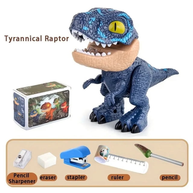Product Category Craft & Stationery | Product Title 5 In 1 Dinosaur Stationery Set for Kids Includes Pencil Sharpener Eraser Flexible Ruler Stapler Dinosaur Model Theme Stationery