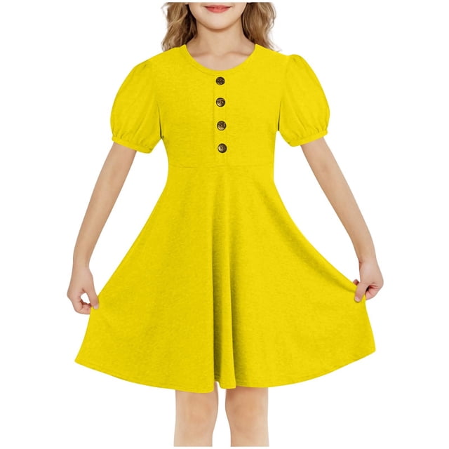 RXIRUCGD 2025 Vêtements d'Été pour Enfants Filles Robe d'Été Couleur Unie Col Rond Manches Courtes Robe Décontractée et Confortable pour Adultes