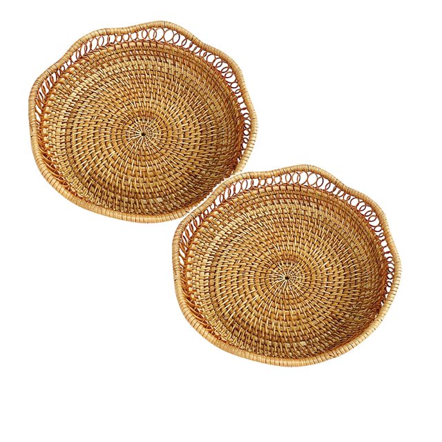Oleegame 2PC Stainless Steel Cutlery Set Rattan Round Fruit Baskets Wicker Storage Bowls Natural Woven Serving Basket Bowls Decorative Baskets For Kitchen Counter Organizing 9x9x2inch Brown