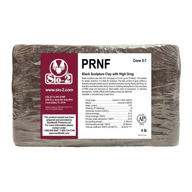 SIO-2 PRNF Black Sculpture Ceramic Pottery Clay, 4 lb, Cone 5-7. This high-fire clay features 40% fine grog (0-0.5 mm) for a textured surface and excellent drying and firing behavior. Ideal for artistic ceramics and sculpture, it offers a rich black firing color in oxidizing atmospheres and metallic blue effects in reducing atmospheres. Packaged in a moist extruded body, it has a firing range of 1200-1260ºC and is certified non-toxic by ACMI. Recommended for use with zinc-free glazes.