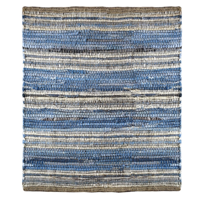 Fabstyles Indigo Recycled Denim & Leather Rug for Living Room, Hallway, Patio, rectangular handwoven cotton dhurrie rug featuring a striped pattern in blue, beige, and gray tones, designed for indoor use and suitable as a decorative accent for living rooms, hallways, or patios.