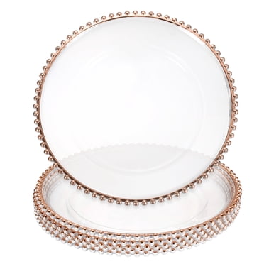 Uxcell 6 Pcs Assiettes de Charge Transparentes en Vrac, Assiettes de Charge Rondes en Plastique de 13 Pouces avec Garniture de Perles Assiette de Souper Dessert pour Décoration de Mise de Table d'Événement de Mariage Fête, Or Rose