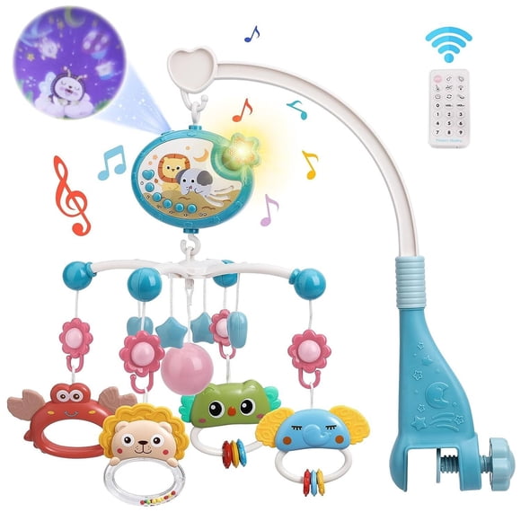 Mobile Musical pour Lit de Bébé avec Fonction de Projection et Veilleuse, Hochet Suspendu Rotatif Bleu Télécommande Boîte à Musique, Jouet pour Nourrissons 0-18 Mois