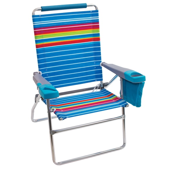 Rio Beach 17" Extended Height 4-Position Folding Beach Chair, Graphic Traffic Blue/White/Multi Stripe