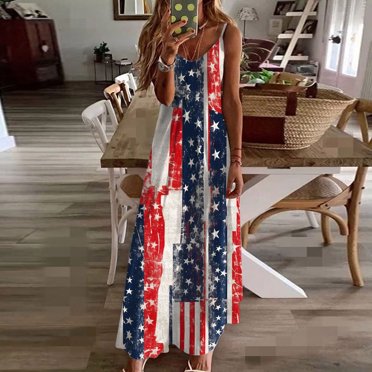 Fridja Liquidation Robe T-Shirt Drapeau Américain Été pour Femmes Imprimé Sans Manches Col Rond Robe Décontractée Robes Mode Urbaine (Rouge, M)