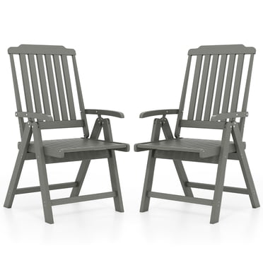Gymax 2PCS Foldable Patio Chair w/Armrest Curved Back Slatted Seat for Backyard Deck Gray