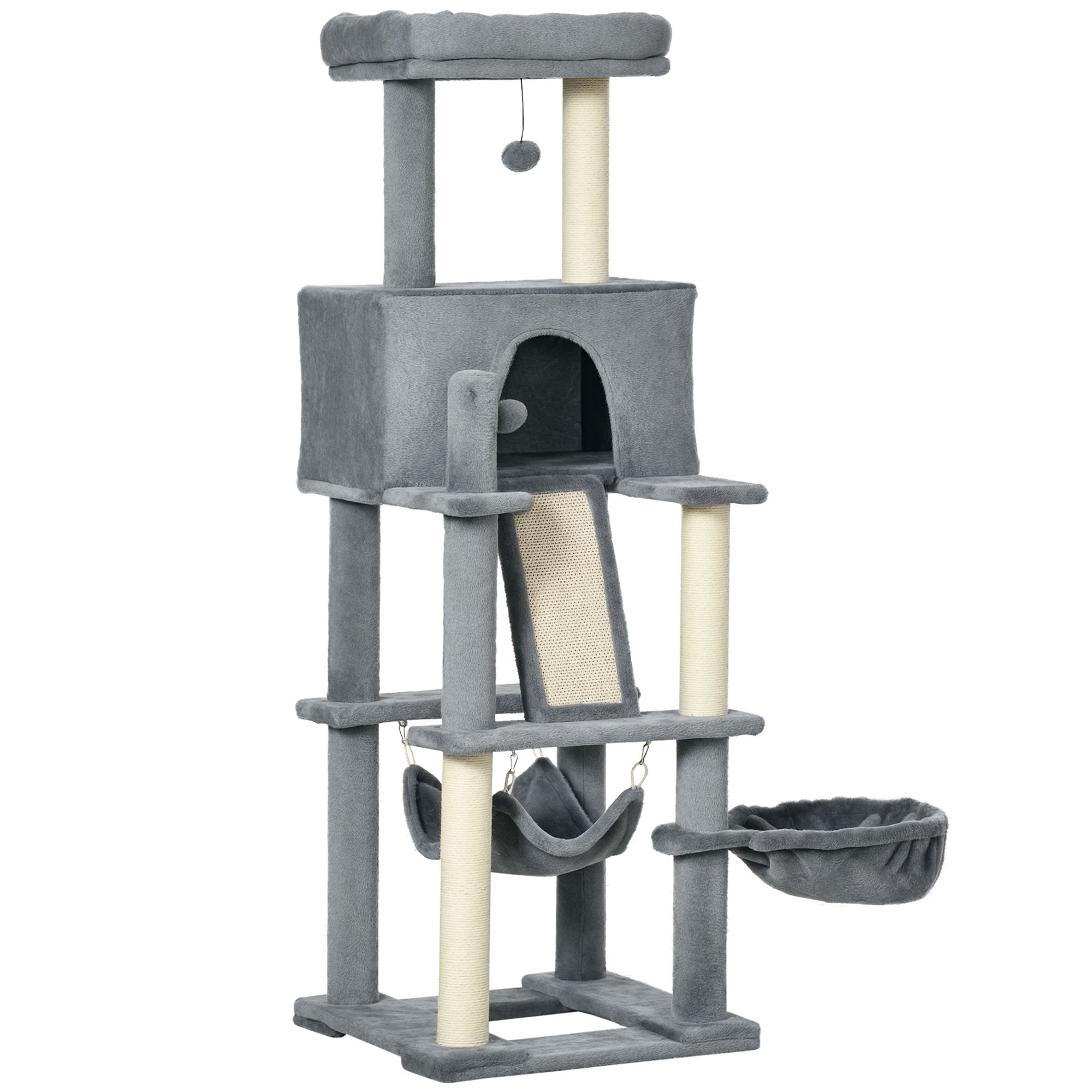 55" Grey Cat Tree Tower with Sisal Scratching Post, Condo & Hammock - Indoor Kitty Activity Center for Small Cats, Living Room & Bedroom Use