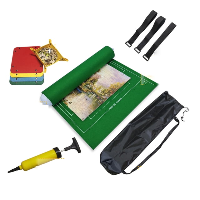 Compagnon de Casse-Tête Social : Tapis de Casse-Tête à Enrouler avec Sac de Rangement à Cordon pour Toute Occasion. l'Image Montre un Tapis de Casse-Tête Vert avec un Casse-Tête Partiellement Terminé, un Sac de Rangement à Cordon Noir, Trois Sangles de Sécurité Noires, une Pompe à air Jaune et Quatre Plateaux de Tri Colorés. le Tapis Présente un Dessus Lisse et une base Antidérapante, le Rendant Idéal pour les Casse-Têtes de Groupe, les Événements Sociaux Ou pour Offrir aux Passionnés de Casse-Têtes.