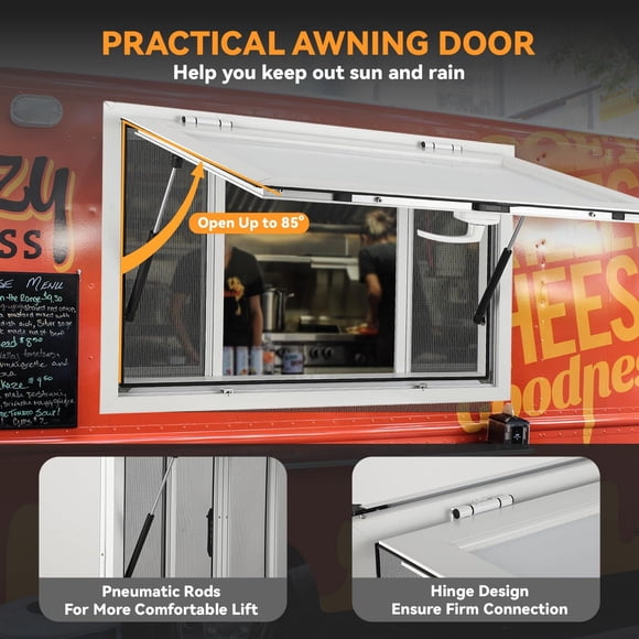 AKDSteel 36 x 36 Inch Aluminum Food Truck Serving Window With Two Sliding Screen Panels And Awning Door For Concession Stands