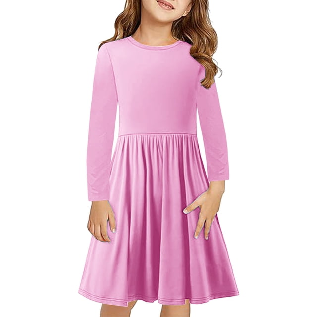 Rbaofujie Robe à Manches Longues pour Filles, Coton, Robes Décontractées, Robe Patineuse Évasée A-line pour l'École et les Fêtes, 4-13 Ans