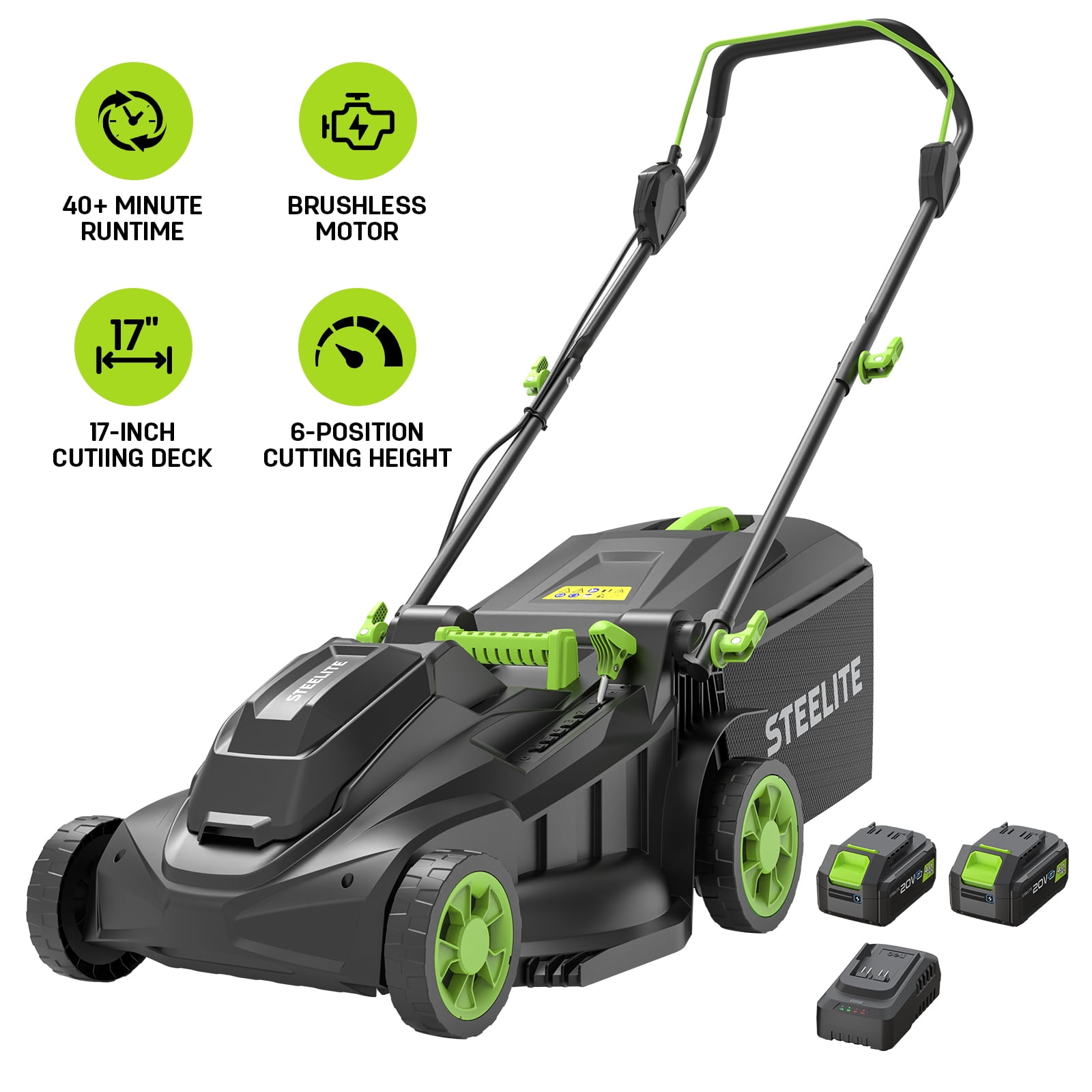 Steelite 17-Inch Cordless Lawn Mower, 2x21V Electric Lawn Mowers with Brushless Motor for Garden,2*4.0Ah Battery & Charger Included