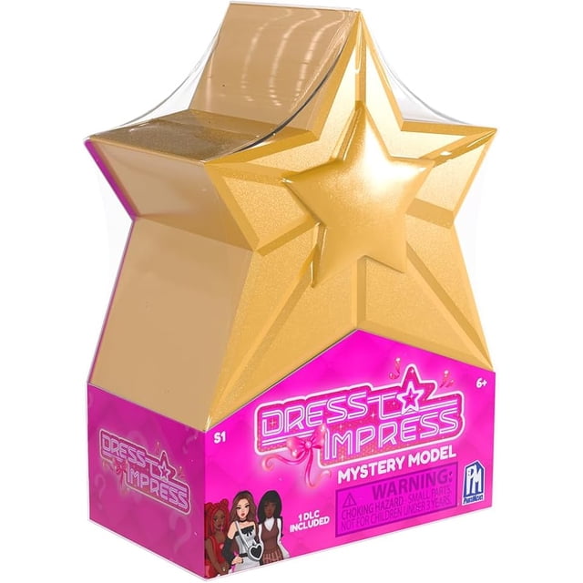 Dress To Impress Series 1 Mystery Doll with Exclusive DLC Code packaging shaped like a gold star with a pink base featuring the product logo, choking hazard warning, and images of posable collectible dolls from the Roblox fashion game.