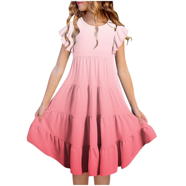 yoeyez Robes pour Enfants Filles 4-16 Fête Enfants Manches Volantées Robe Maxi à Volants Imprimé Dégradé Col Ras du Cou Robes Soleil Robe de Fête d'Anniversaire pour Enfant Rouge Melon D\'eau,14 Ans