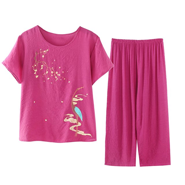 Birdeem Blouses pour Femmes Ensemble Estival Décontracté Imprimé à Manches Courtes Col Rond Haut Pantalon Tailleur Mince Usé Extérieur Tenue d'Intérieur