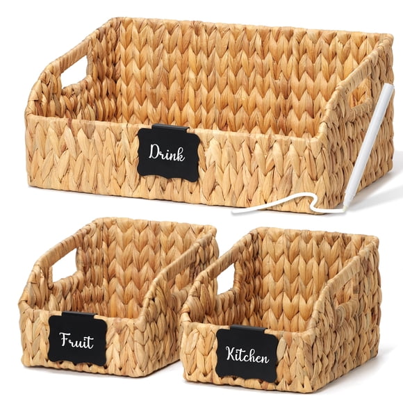 Stylave Pantry Baskets and Organizers, Large Wicker Baskets for Shelves, Handwoven Labeled Storage Basket for Organizing with Handles-Water Hyacinth Storage Bins, Boho D