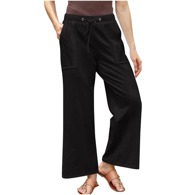 Timegard Pants for Women Plus Size Drawstring Waist Straight Leg Lightweight Casual Loose Trousers