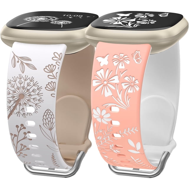 Wearlizer 2 Packs Compatible with Fitbit Versa 4 Bands/Versa 3 Bands/Sense 2 Bands/Sense Bands for Women, Pretty Two-tone Floral Engraved Silicone Straps, Cute Flower Pattern Sport Wristband Bracelets
