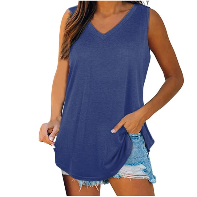 JGGSPWM Women V Neck Sleeveless Solid Color Casual Flowy Tank Tops Cami Shirts Blue S