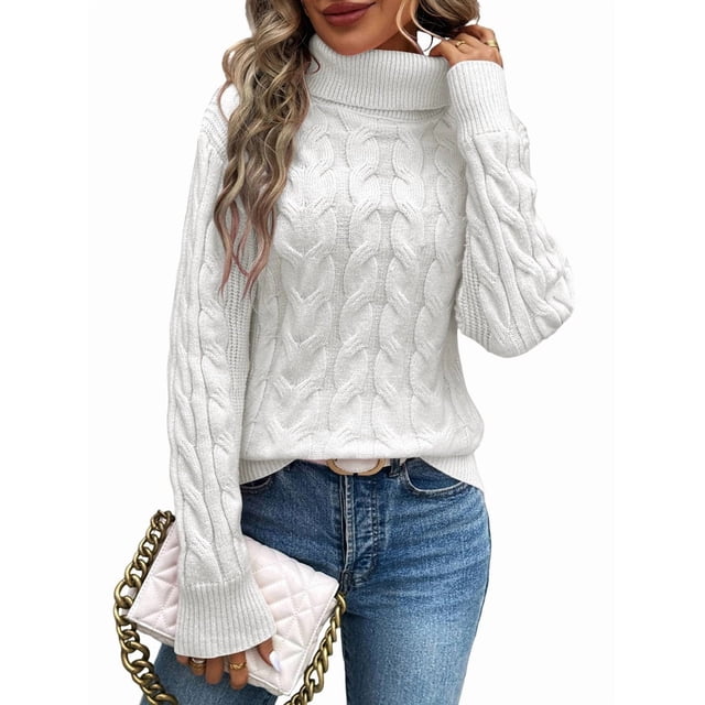 Chandails à Col Roulé pour Femmes, Tricot Torsadé, Manches Longues, Chandail, Haut, Automne Hiver, Décontracté, Uni, Blanc, M