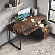 Bestier 48” Office Desk with Drawers, Computer Writing Desk with Keyboard Tray & 2 Hooks for Home Office, Cherry