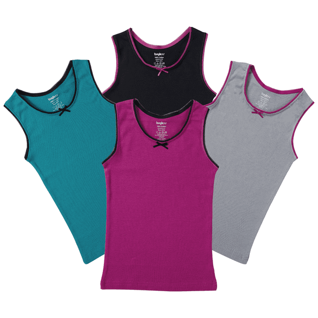 Buyless Fashion Camisoles Sans Étiquette pour Filles, Encolure Dégagée, Débardeurs en Coton avec Garniture et Bretelles (Lot de 4)