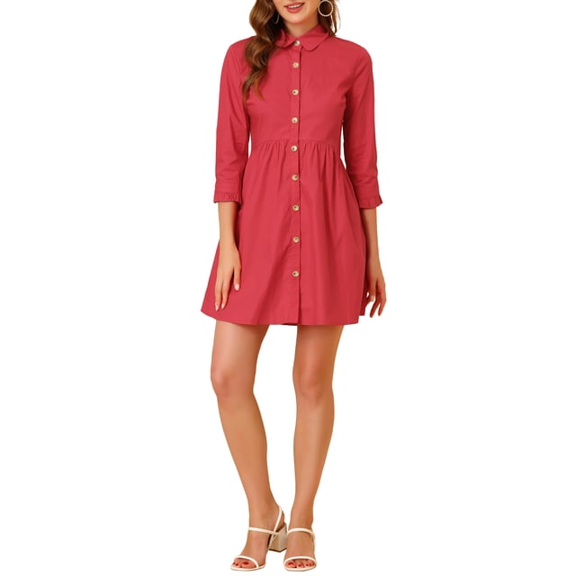 INSPIRE CHIC Robe-Chemise pour Femme Manches 3/4 Boutonnée Mini Robes L Rouge