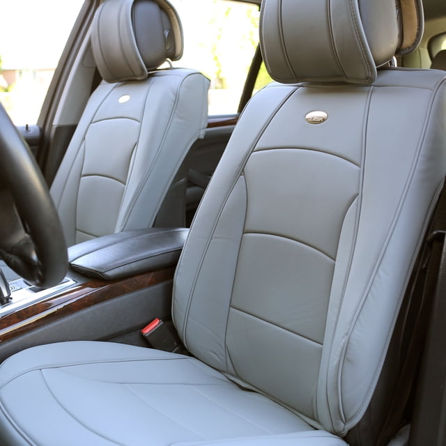 Ultra Comfort High Grade Leather Seat Covers For Car Truck SUV Van - Front Set installed on front bucket seats. The grey faux leather covers feature a non-slip silicone interior, elastic trim edges for a snug fit, and integrated airbag compatibility. Includes two front seat covers and two headrest covers, suitable for traditional and heated seats.