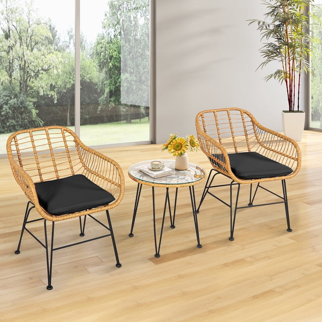 Patiojoy 3 Pieces Patio Furniture Set w/Tempered Glass Coffee Table Set for Garden and Backyard Dark Cushions