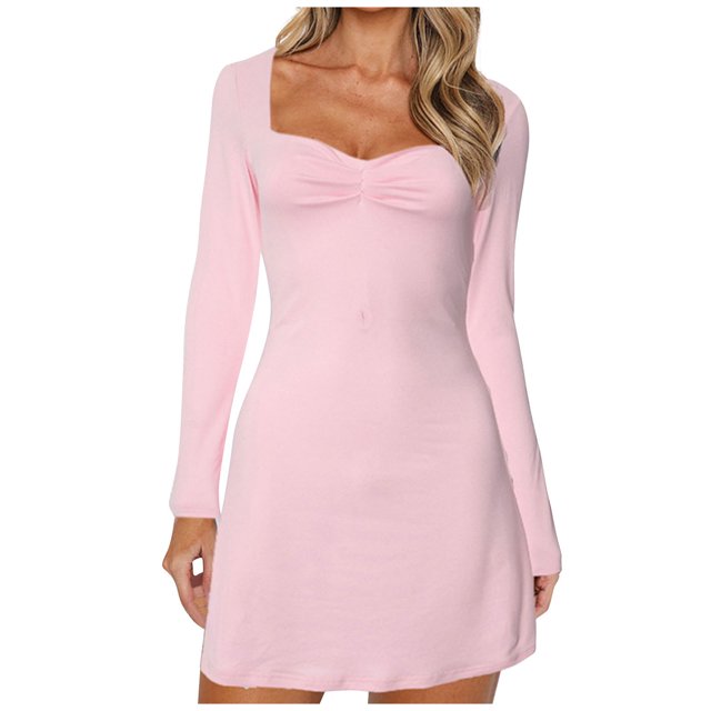 AherBiu Robes à Manches Longues pour Femmes Col Carré Couche de Base Robe Courte Noire Couleur Unie