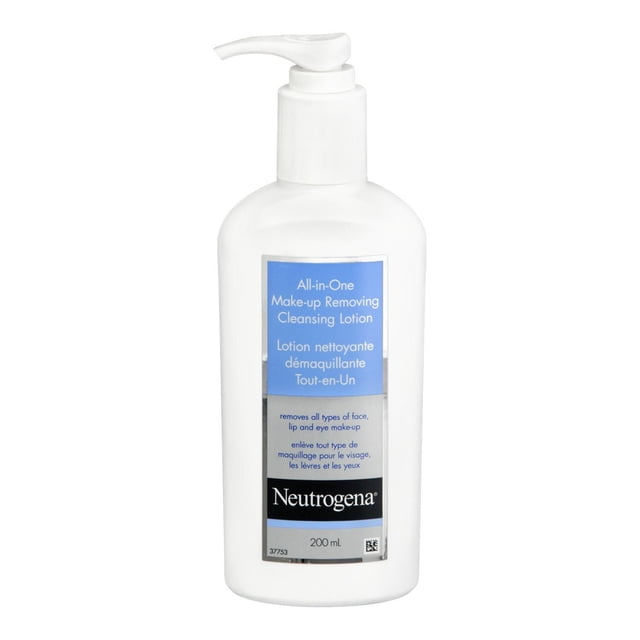 Neutrogena Makeup Removing Cleansing Lotion, All-in-One 200 mL. Centered front-facing pump bottle; makeup remover and gentle cleanser that removes face, lip and waterproof eye makeup with gentle moisturizers and cleansers, leaving skin soft and smooth. Also suitable for removing sunscreen and daily residue.