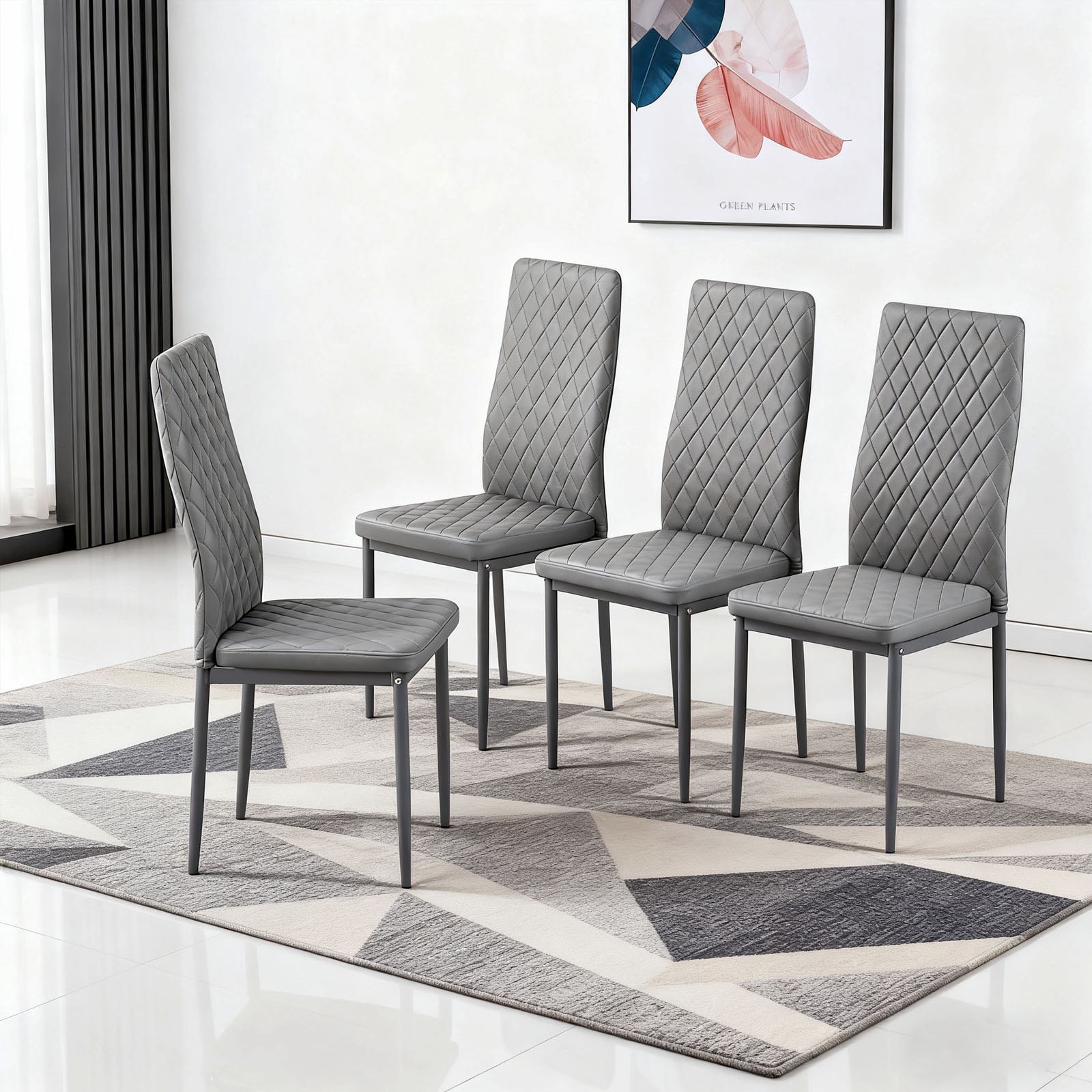 Noble House Ensemble de 4 Chaises de Salle à Manger Modernes, Revêtement en Cuir Ignifuge avec Motif à Carreaux en Diamant et Cadre en Métal, Gris
