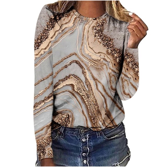 IROINID Économies Hauts à Manches Longues pour Femmes Détente Col Rond Haut Imprimé T-Shirt Blouse, Kaki