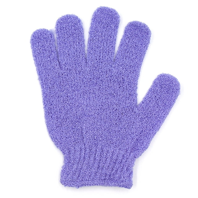 Exfoliating Glove Body Scrub Glove made of polyester with a 5-finger design, shown in a textured purple finish. The glove measures approximately 7.09-7.48 inches in length and 5.91 inches in width. Ideal for deep exfoliation, improving skin texture, and promoting blood circulation during showers.