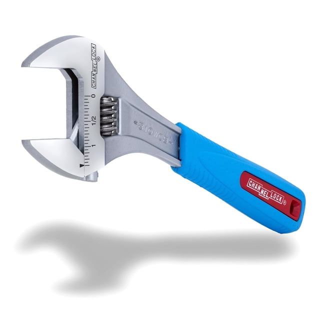 CHANNELLOCK 10" adjustable wrench with wide chrome vanadium steel jaws and laser-engraved inch measurement scale, featuring a blue CODE BLUE® comfort grip handle with red CHANNELLOCK logo and precise 4-thread knurl adjustment, suitable for gripping larger nuts and bolts in tight spaces.