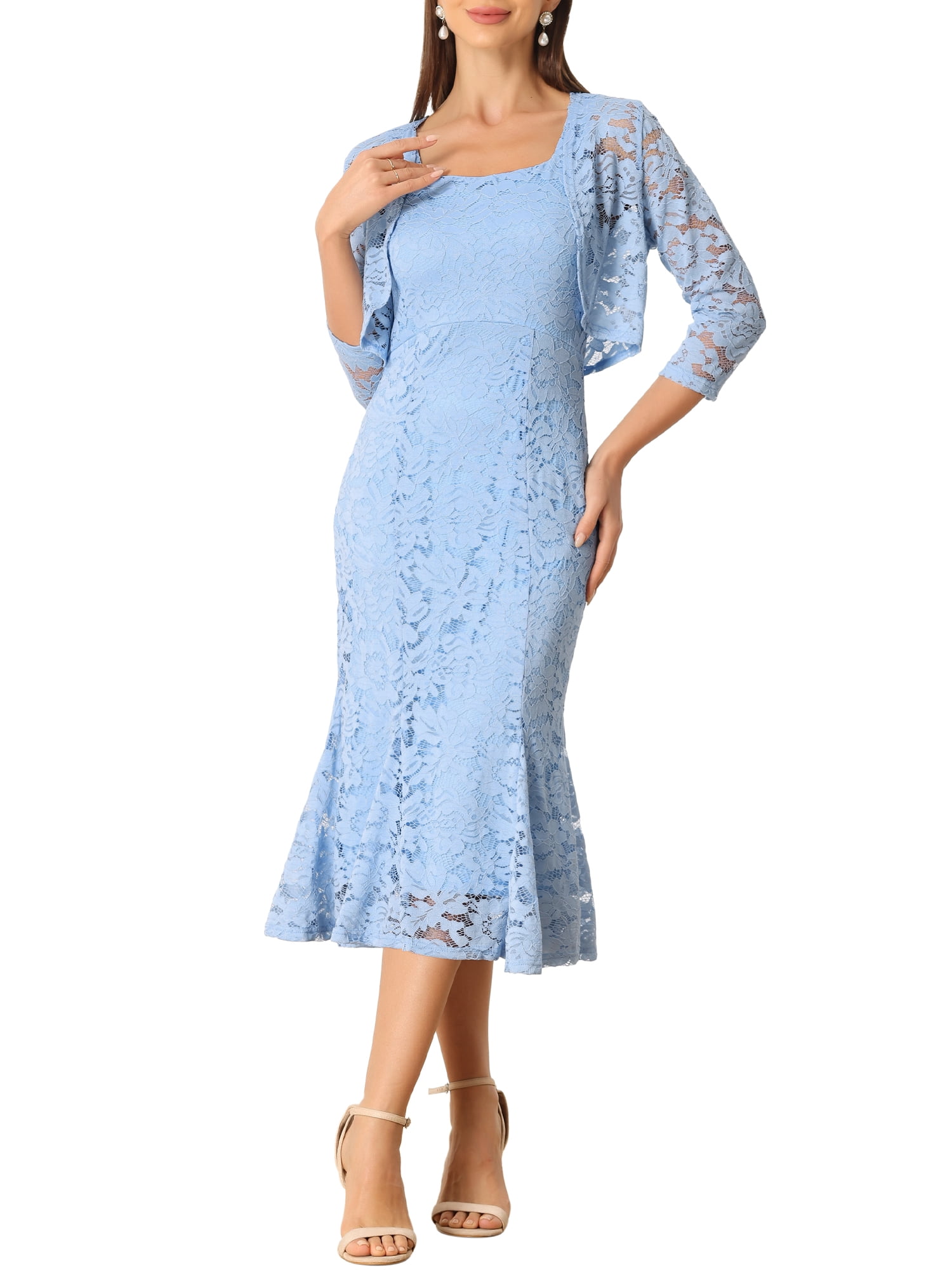INSPIRE CHIC Robe d'Invitée de Mariage pour Femme Tenues de Soirée 2 Pcs Robes Sans Manches avec Boléro TG Bleu Pâle