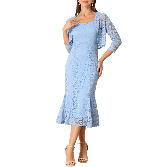 INSPIRE CHIC Robe d'Invitée de Mariage pour Femme Tenues de Soirée 2 Pcs Robes Sans Manches avec Boléro L Bleu Pâle
