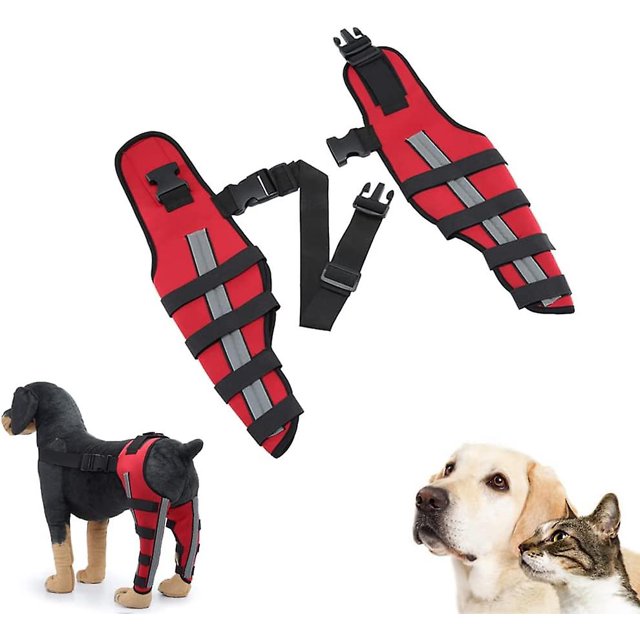Dog Knee Brace, Dog Double Rear Leg Brace with Reflective Seat Belts in red, featuring adjustable straps and reflective tape for visibility. Made of high-quality SBR material with built-in metal support bars for joint protection and injury recovery. Shown on a dog mannequin and as individual components.
