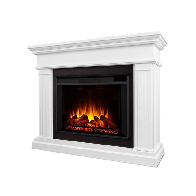 Centennial 56" Grand Electric Fireplace with white carved mantel and fluted columns, featuring a black electric firebox with infrared LED flames and glowing logs, providing supplemental heat for rooms up to 1000 sq ft with adjustable thermostat and safety shut-off.