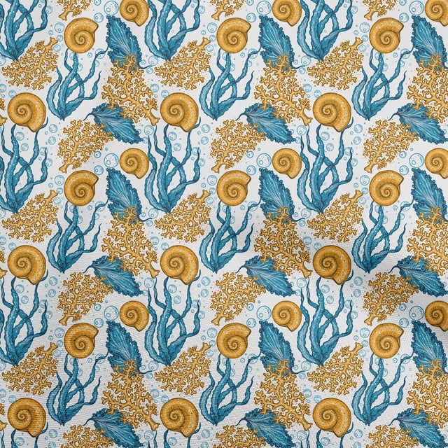 oneOone Silk Tabby Teal Blue Fabric Sea Shells Ocean Craft Projects Decor Fabric Printed By The Yard 42 Inch Wide