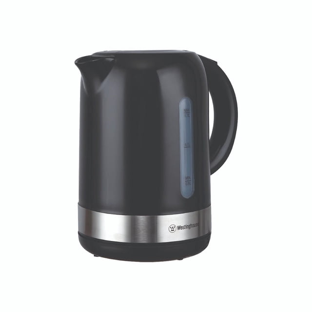 Westinghouse 1.7L plastic electric kettle in black with a matte finish, featuring a curved handle, spout, water level gauge from 0.6L to 1.7L, stainless steel base band with logo, automatic switch-off, and indicator light, suitable for quick boiling and daily hot beverage preparation.