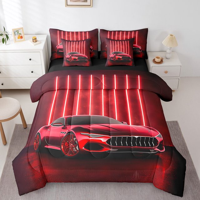 Ensemble de Couette Grand Voiture de Sport, 7 Pcs en Microfibre Douce avec Lumières Néon Rouges, Couettes avec Drap-Housse, Drap Plat, 2 Couvre-Oreillers et 2 Taies d'Oreiller - Ensembles de Literie Véhicule de Sport Extrême