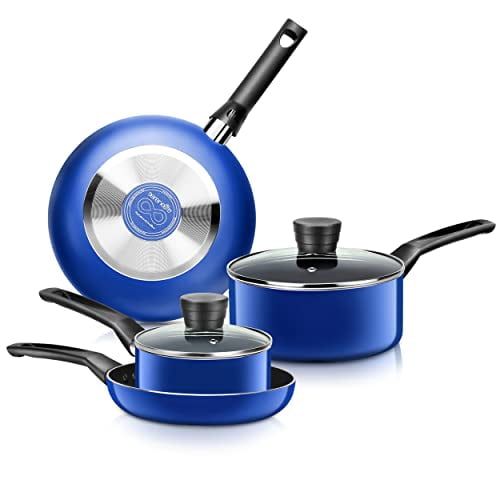 SereneLife Kitchenware Pots &amp; Pans Basic Kitchen Cookware, Black Non-Stick Coating Inside, Heat Resistant Lacquer (6-Piece Set), One Size, Blue