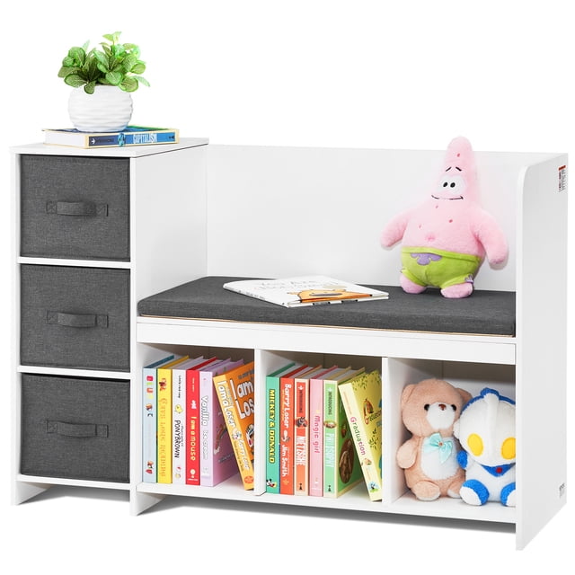 VEVOR Banc de Coin Lecture pour Enfants avec Bibliothèque de Rangement à 6 Casiers et Coussin de Siège en Blanc. Conçu pour le Mobilier pour Enfants, Il Comprend Trois Tiroirs en Tissu Gris sur la Gauche, un Espace d'Assise Rembourré et six Casiers Ouverts en Dessous pour Livres et Jouets. l'Exposition Comprend un Jouet en Peluche, des Livres et une Plante Décorative, Idéal pour un Coin Lecture Ou une Salle de Jeux.