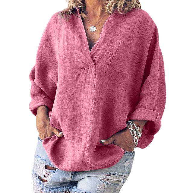 MAWCLOS Femmes Blouse V Col Chemises Manches Longues Tops Lâches Plage Couleur Unie Pull Rose M