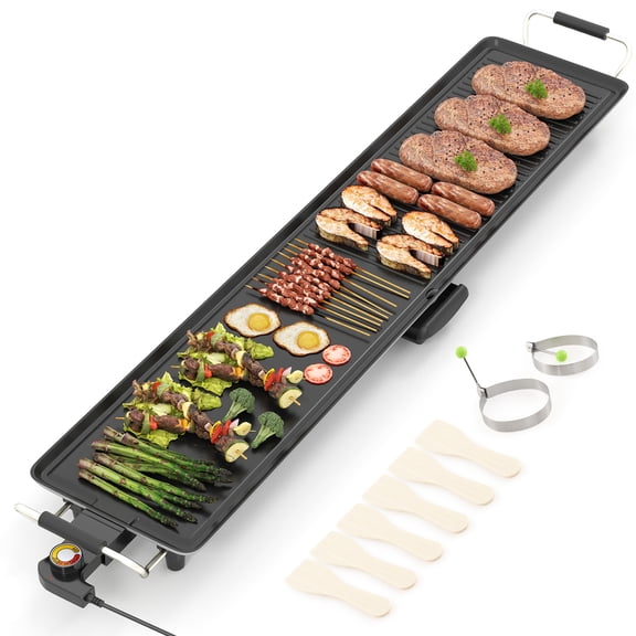 Patiojoy Plaque Chauffante Électrique Extra Grand de 39,5 Pouces Gril Teppanyaki Portable avec 2 Surfaces de Cuisson Contrôle du Thermostat à 4 Niveaux et Plateau d'Égouttement Amovible