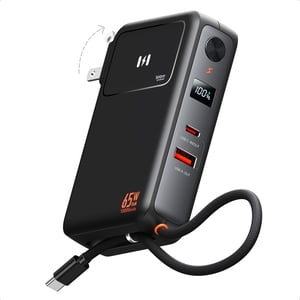 3-in-1 Portable iPhone Charger with 65W AC Wall Plug, 10,000mAh Power Bank with 35W Built-in USB-C Cable, LED Display Battery Pack Fast Charging Compatible with iPhone,